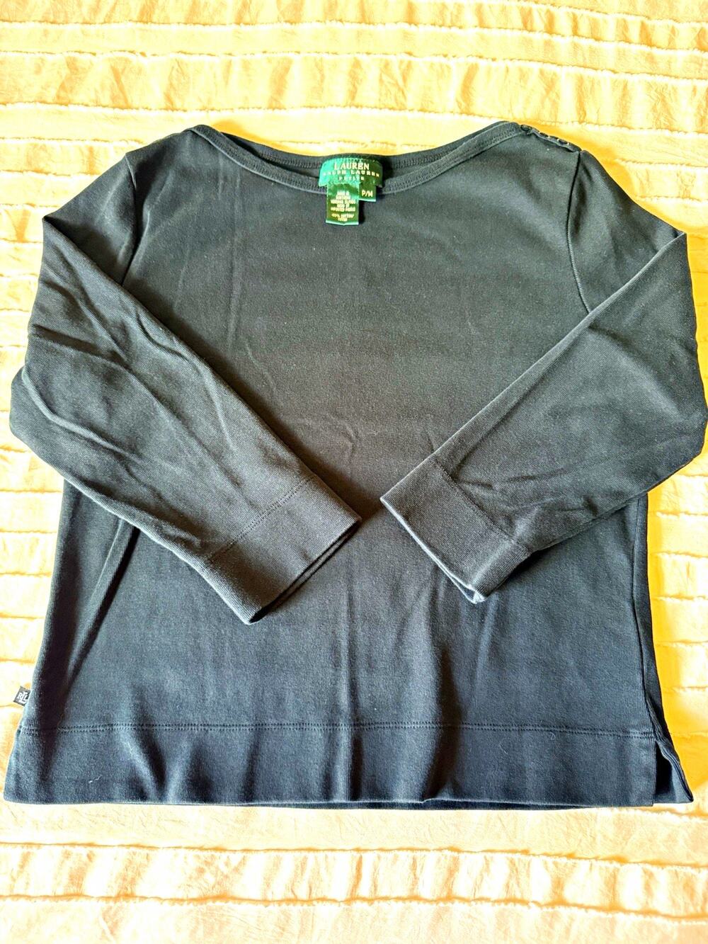 Lauren Ralph Lauren Women’s Petites PM Black Cotton Knit Boat Neck Top Button